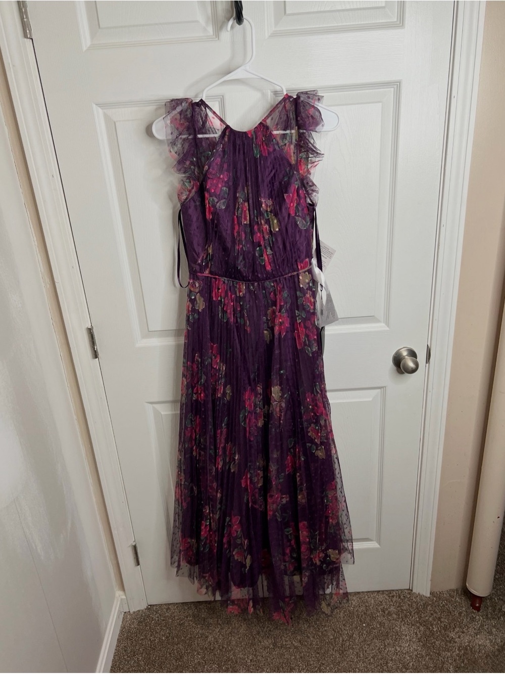 Ieena for Mac Duggal Plum floral tea-length dress with flutter sleeves